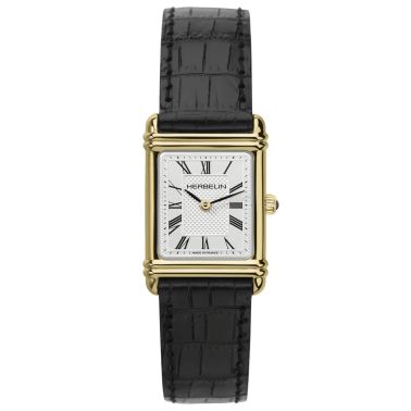 Montre Michel Herbelin Art Déco Dorée quartz cadran argent index bracelet cuir noir 20,30 x 24,40 mm