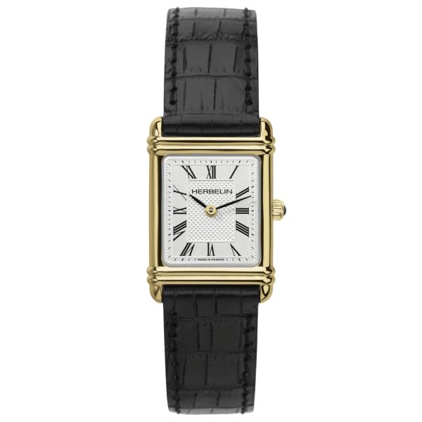 Michel Herbelin Art Déco Golden quartz silver dial black leather strap 20,30 x 24,40 mm