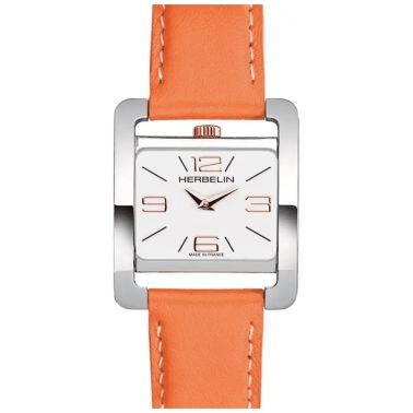 Montre Michel Herbelin V Avenue quartz cadran blanc bracelet cuir orange 25,5 x 19 mm