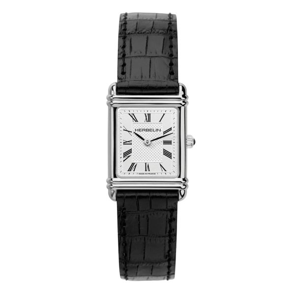 Michel Herbelin Art Deco quartz watch silver dial index Roman numerals black leather strap 20,30 x 24,40 mm