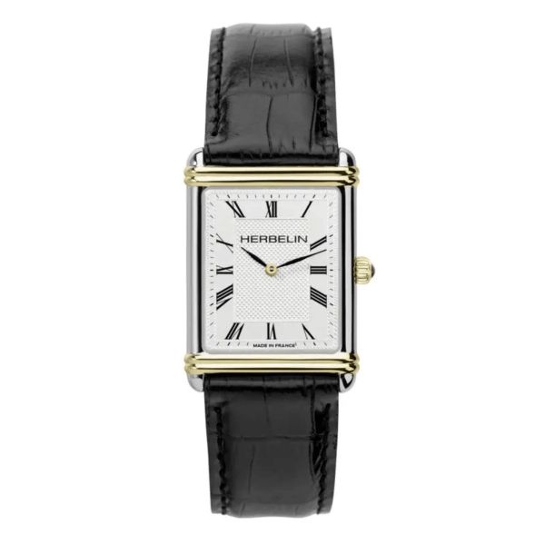 Montre Michel Herbelin Art Déco quartz cadran argent index chiffres romains bracelet cuir noir 20,30 x 24,40 mm