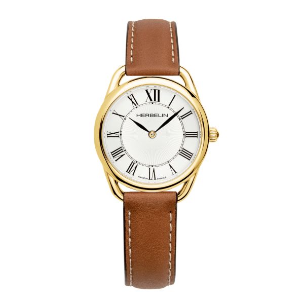 Montre Michel Herbelin Equinoxe quartz cadran blanc bracelet cuir brun 28 mm