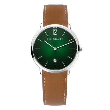 Montre Michel Herbelin City quartz cadran vert bracelet cuir brun 38,7 mm