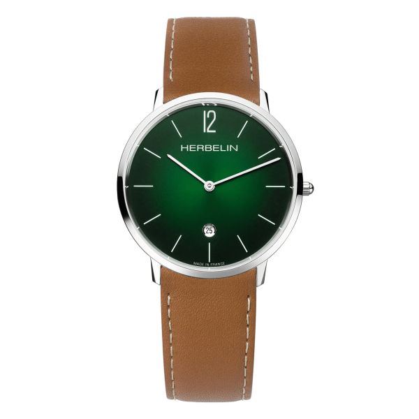 Montre Michel Herbelin City quartz cadran vert bracelet cuir brun 38,7 mm