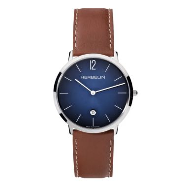 Montre Michel Herbelin City quartz cadran bleu bracelet cuir marron 38,7 mm