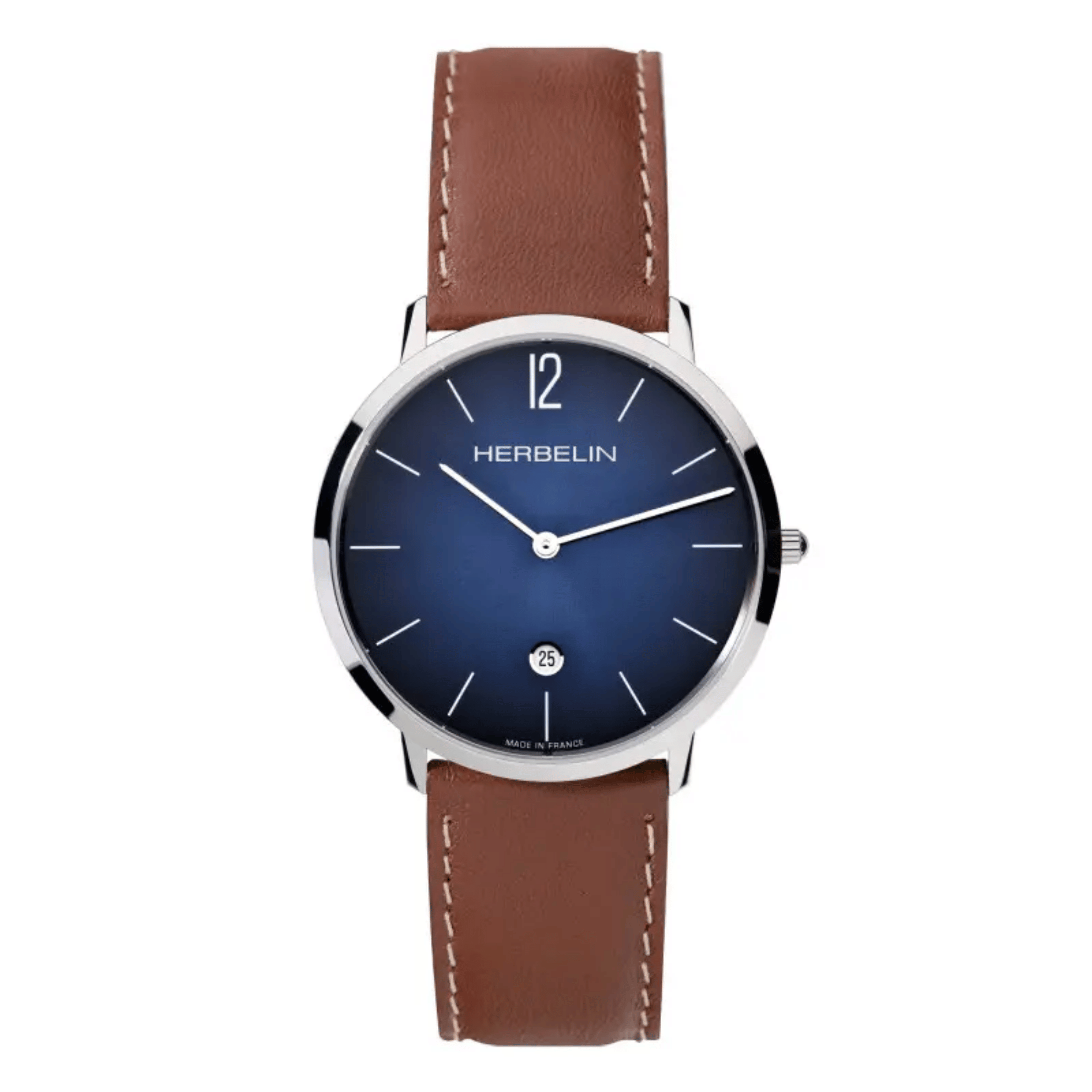 Montre Michel Herbelin City quartz cadran bleu bracelet cuir marron 38,7 mm