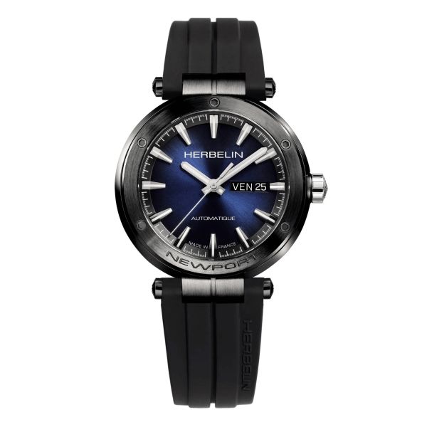 Michel Herbelin Newport black PVD automatic watch blue dial black rubber strap 42 mm