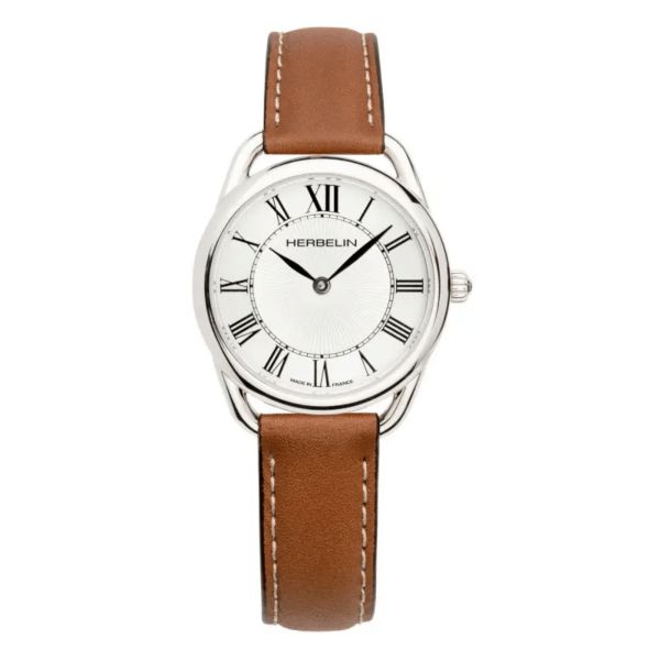 Michel Herbelin Equinoxe quartz watch white dial brown leather strap 28 mm