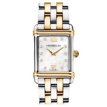 Montre Michel Herbelin Art Déco quartz cadran nacre blanche index diamants bracelet acier et PVD Or jaune 20,30 x 24,40 mm
