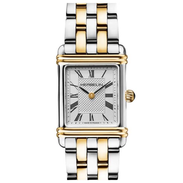 Michel Herbelin Art Deco quartz watch silver dial index Roman numerals steel bracelet and PVD yellow gold 20,30 x 24,40 mm