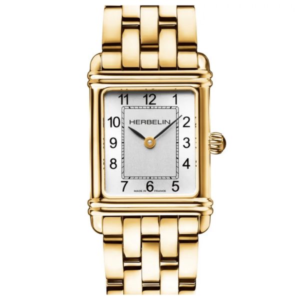 Michel Herbelin Art Deco quartz watch silver dial Arabic numerals steel bracelet PVD yellow gold 20,30 x 24,40 mm