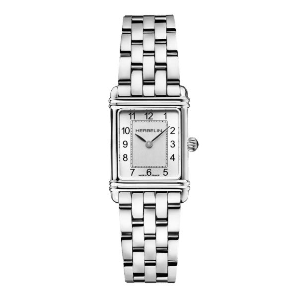 Michel Herbelin Art Deco quartz watch silver dial Arabic numerals steel bracelet 20.3 x 24.4 mm