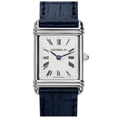 Montre Michel Herbelin Art Déco quartz cadran argent index chiffres romains bracelet cuir bleu 20,30 x 24,40 mm