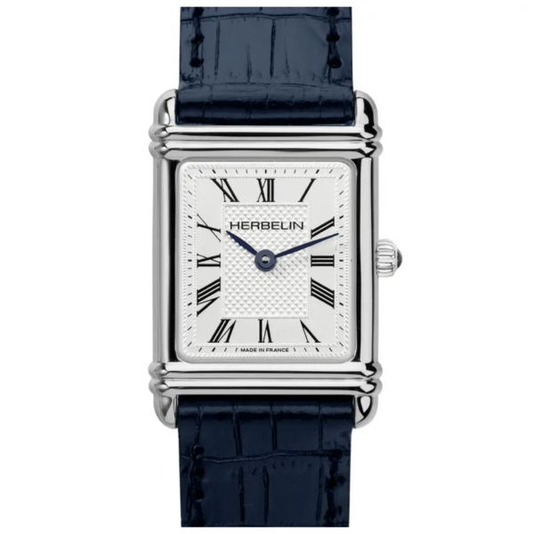 Michel Herbelin Art Deco quartz watch silver dial index Roman numerals blue leather strap 20,30 x 24,40 mm