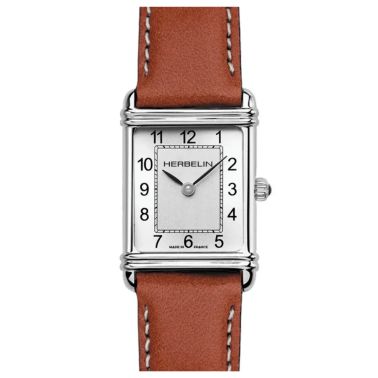 Montre Michel Herbelin Art Déco quartz cadran argent chiffres arabes bracelet cuir brun