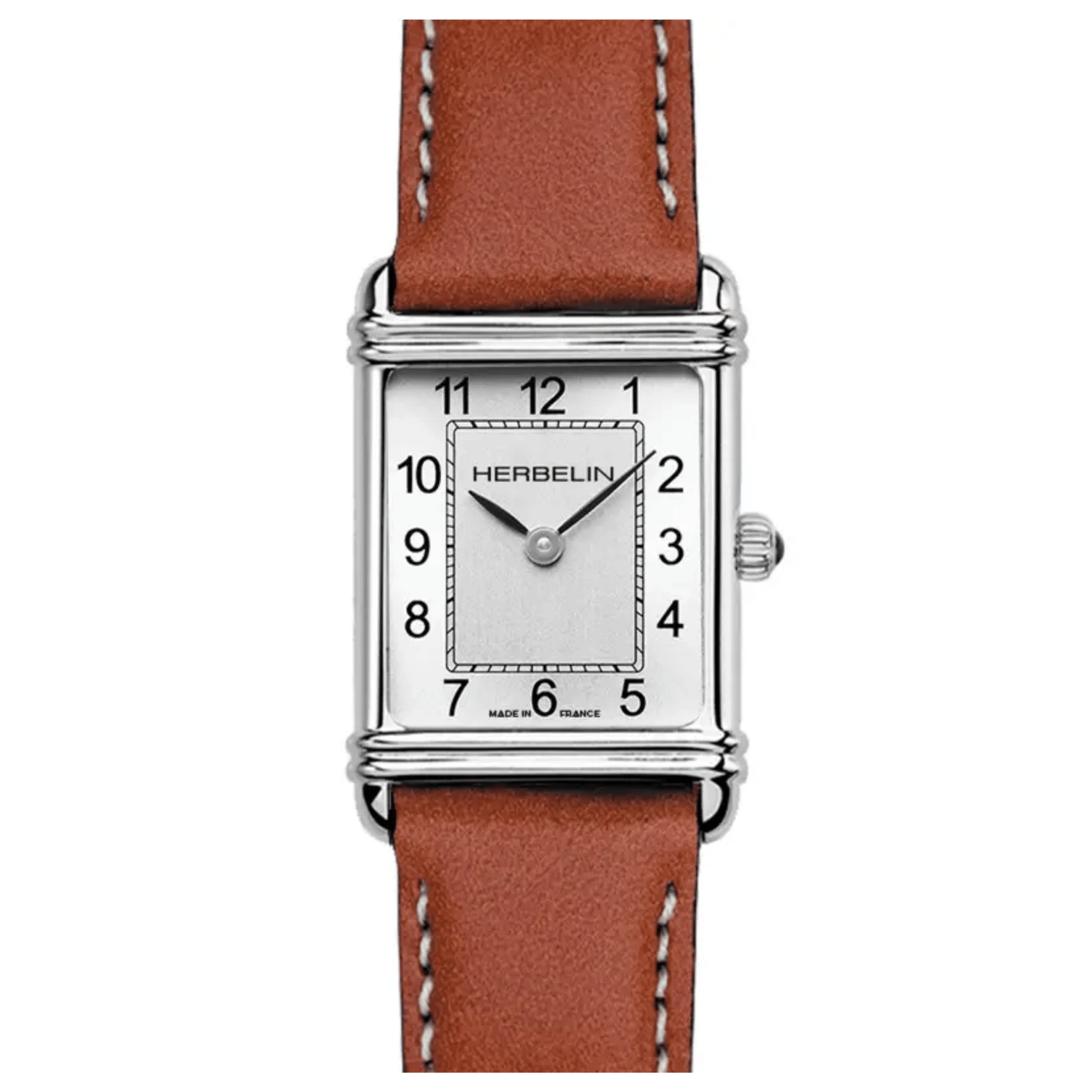 Montre Michel Herbelin Art Déco quartz cadran argent chiffres arabes bracelet cuir brun