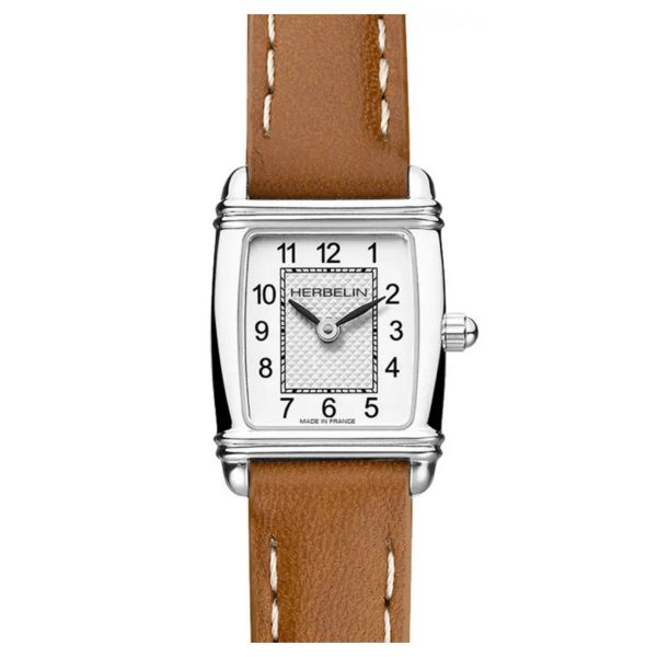 Montre Michel Herbelin Art Déco quartz chiffres arabes bracelet cuir brun