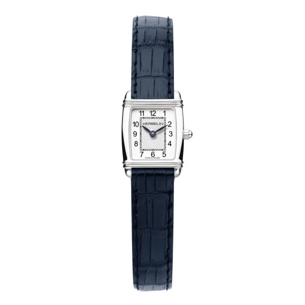 Montre Michel Herbelin Art Déco quartz cadran argent index chiffres romains bracelet cuir bleu 17,80 x 19,40 mm