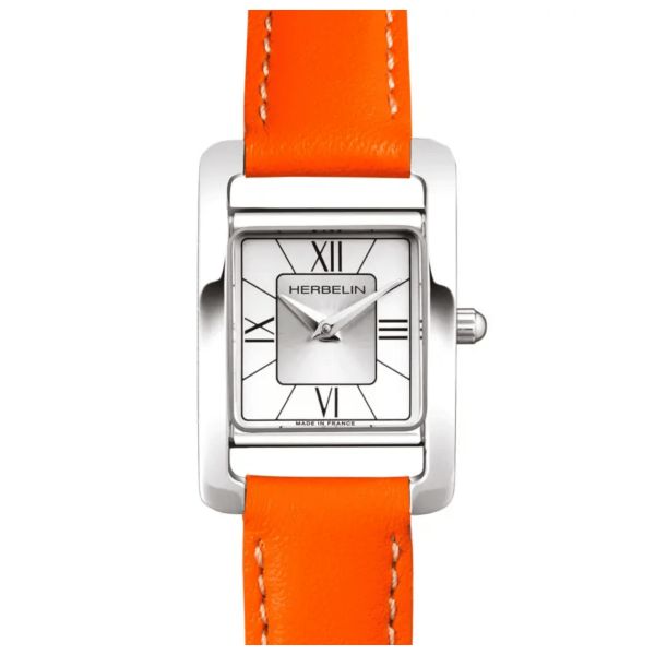 Montre Michel Herbelin 5ème Avenue quartz cadran argenté bracelet cuir orange