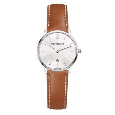 Montre Michel Herbelin City quartz cadran nacre blanche bracelet cuir brun 30,50 mm