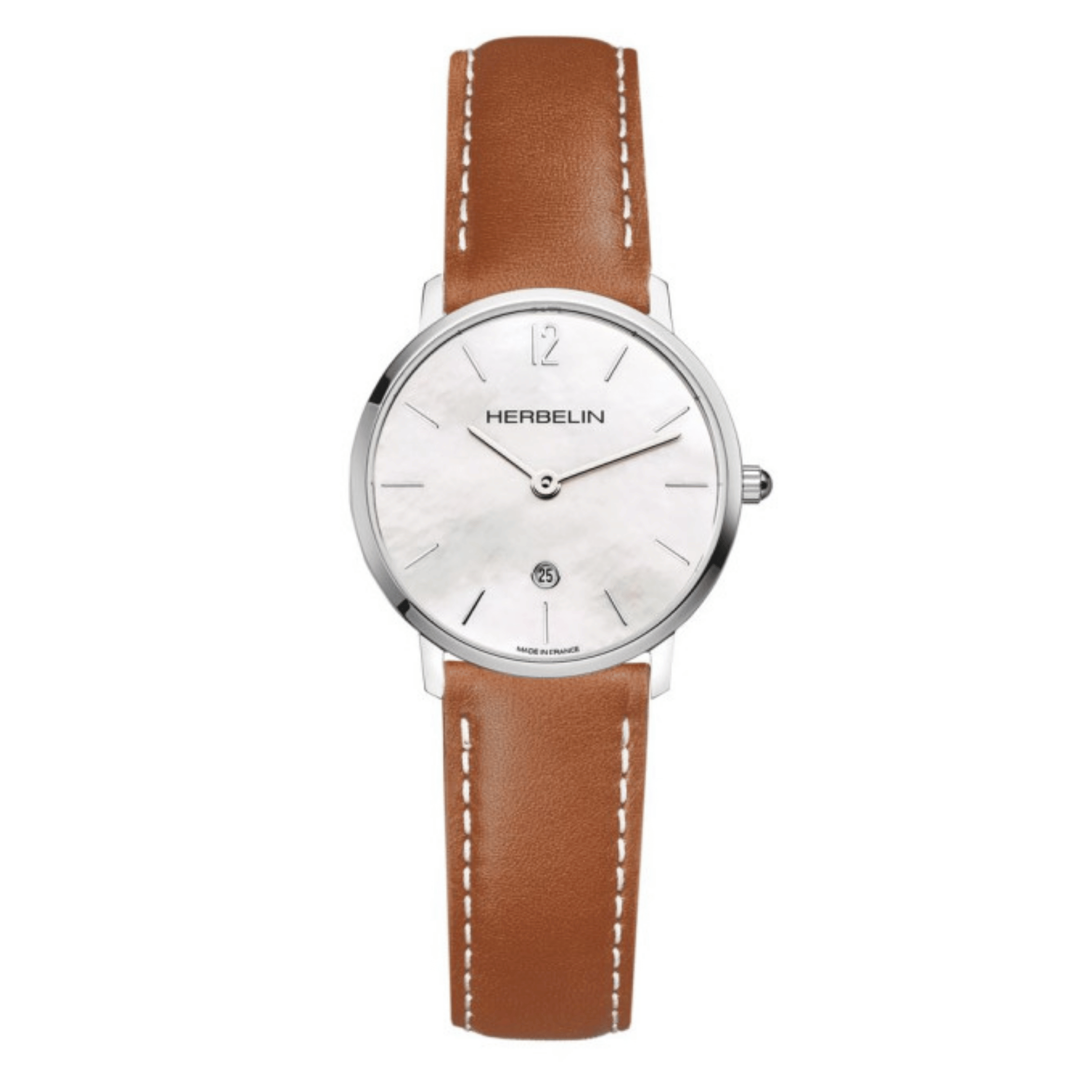 Michel Herbelin City quartz watch white mother-of-pearl dial brown leather strap 30,50 mm