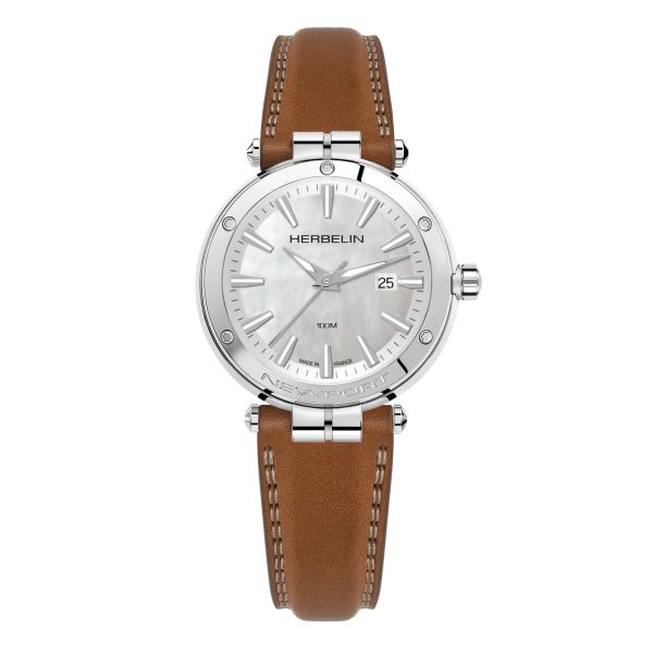 Michel Herbelin Newport quartz watch white mother-of-pearl dial brown leather strap 34,5 mm