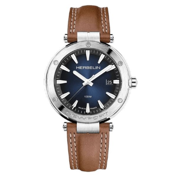 Montre Michel Herbelin Newport automatique cadran bleu bracelet cuir brun 42 mm