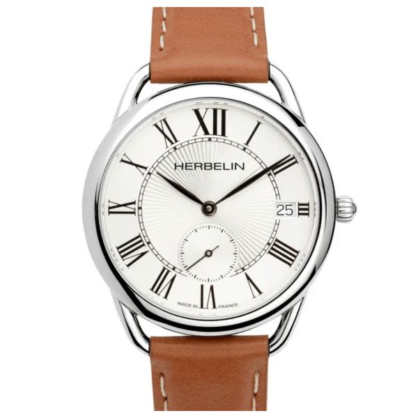 Michel Herbelin Equinoxe quartz watch silver dial brown leather strap 34 mm