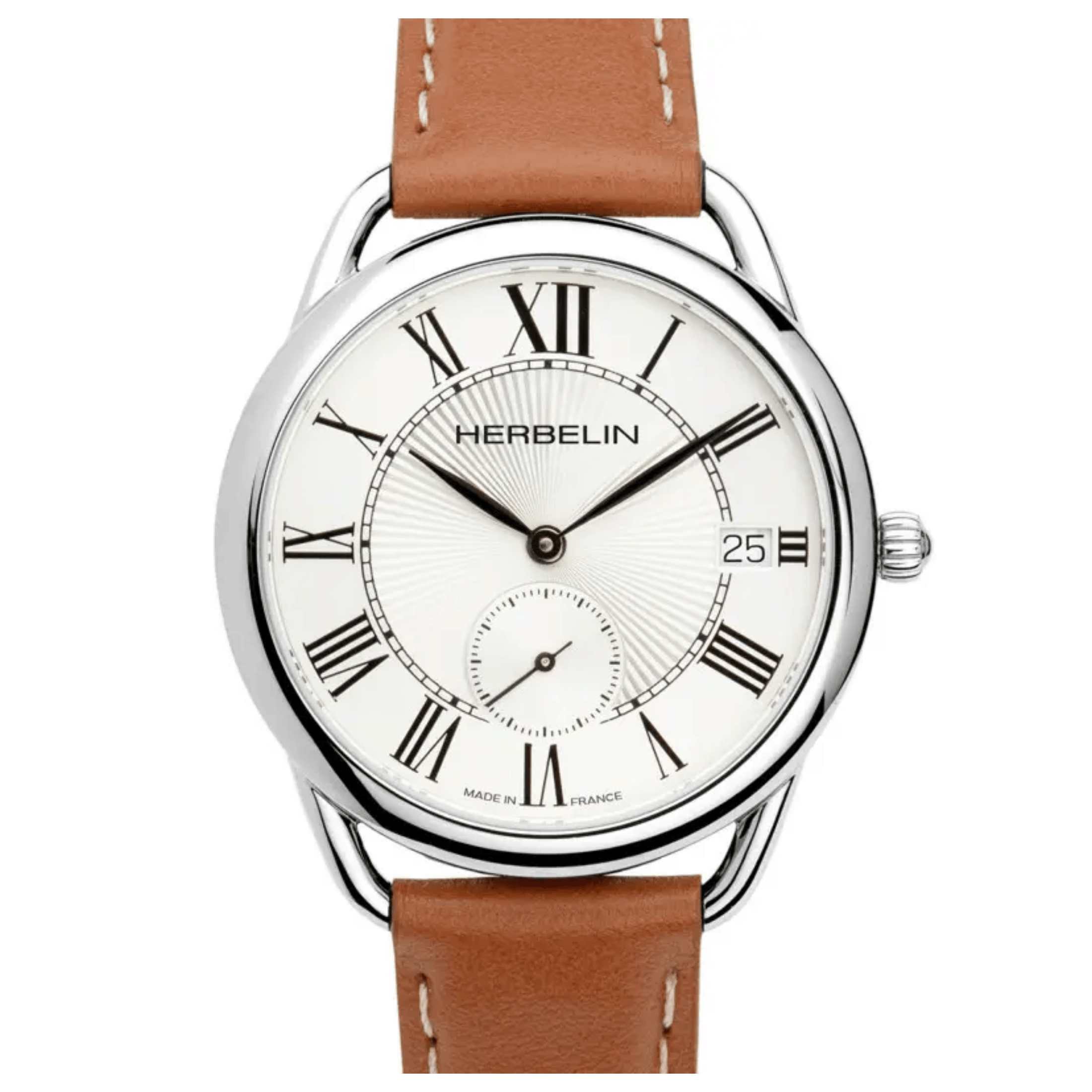 Michel Herbelin Equinoxe quartz watch silver dial brown leather strap 34 mm