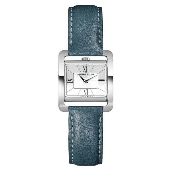 Michel Herbelin V Avenue quartz watch silver dial Roman numerals peacock blue leather strap 25.5 x 19 mm