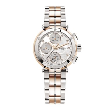 Michel Herbelin Newport Chronograph quartz watch mother-of-pearl dial diamond hour markers bicolour bracelet 35 mm