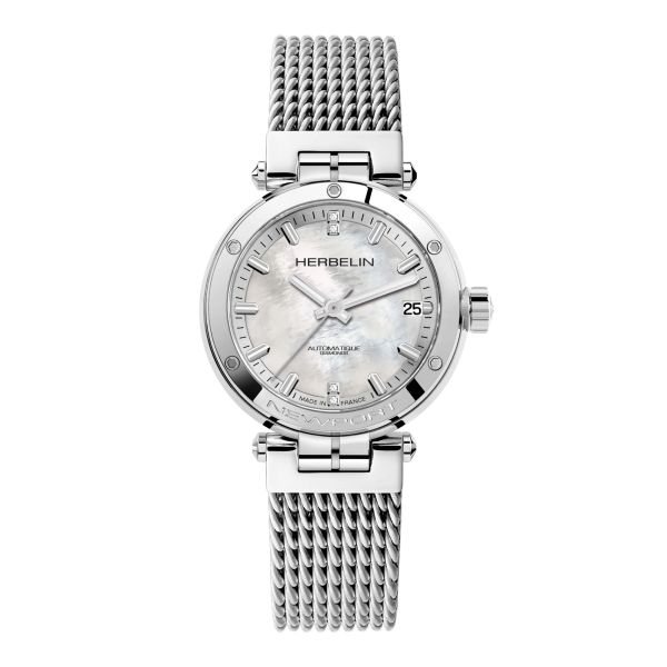 Montre Michel Herbelin Newport automatique cadran nacre bracelet maille milanaise 35 mm