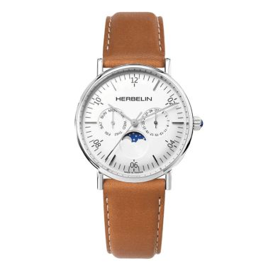 Montre Michel Herbelin Inspiration quartz phase de lune cadran blanc bracelet cuir brun 38 mm