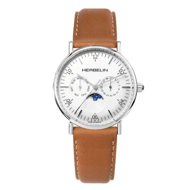 Montre Michel Herbelin Inspiration quartz phase de lune cadran blanc bracelet cuir brun 38 mm