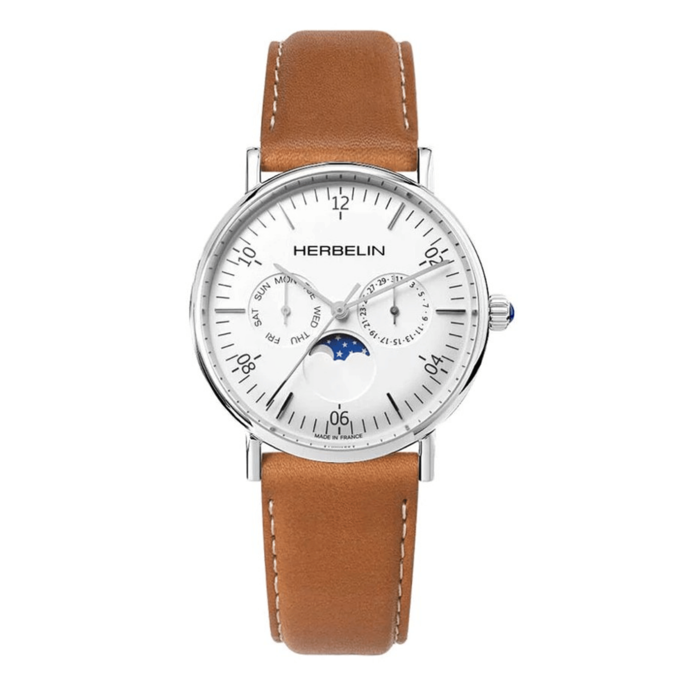 Montre Michel Herbelin Inspiration quartz phase de lune cadran blanc bracelet cuir brun 38 mm