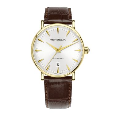 Montre Michel Herbelin Inspiration automatique acier PVD or jaune cadran blanc bracelet cuir marron 40 mm