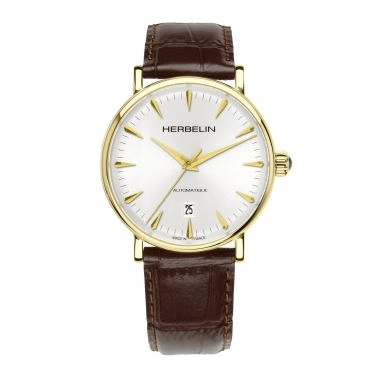 Montre Michel Herbelin Inspiration automatique acier PVD or jaune cadran blanc bracelet cuir marron 40 mm