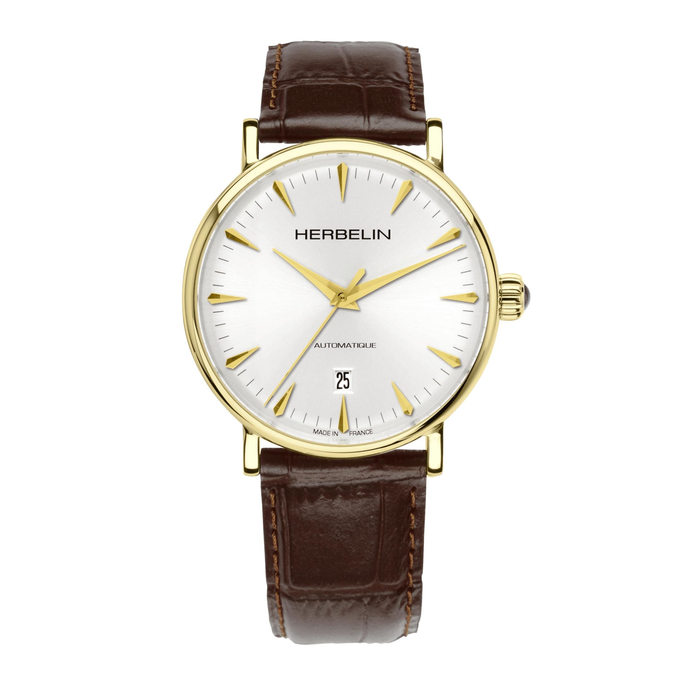 Montre Michel Herbelin Inspiration automatique acier PVD or jaune cadran blanc bracelet cuir marron 40 mm
