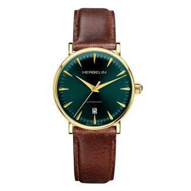 Montre Michel Herbelin Inspiration automatique acier PVD or jaune cadran vert bracelet cuir marron 40 mm