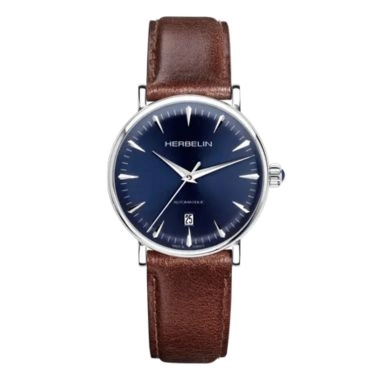 Montre Michel Herbelin Inspiration automatique cadran bleu bracelet cuir marron 40 mm
