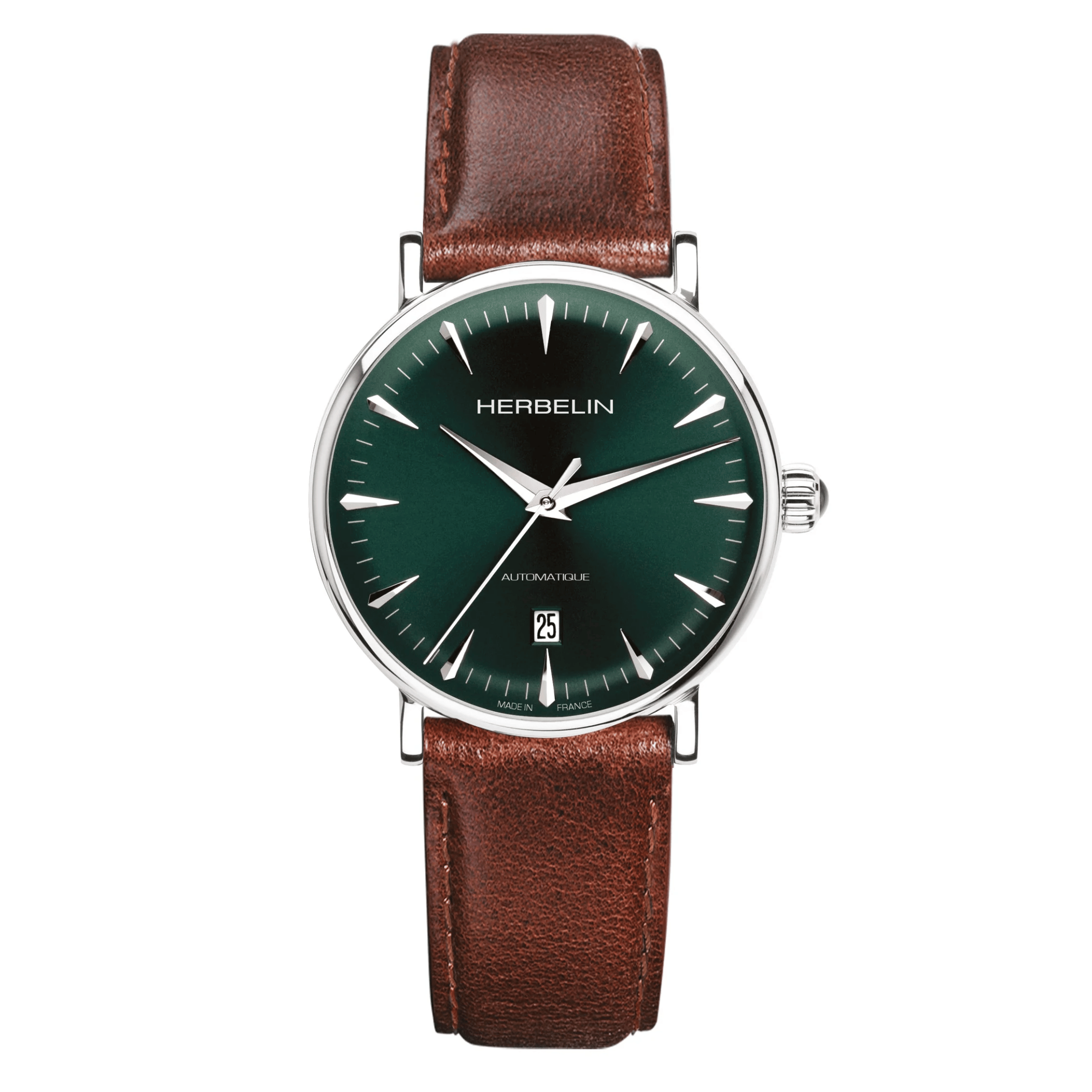 Montre Herbelin Inspiration automatique cadran vert bracelet cuir marron 40 mm