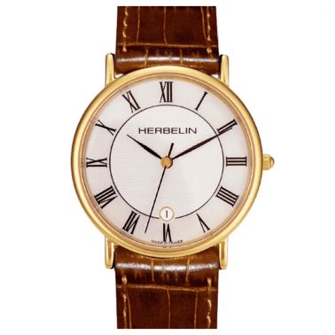 Montre Michel Herbelin Classiques quartz acier PVD or jaune cadran blanc bracelet cuir marron 38 mm