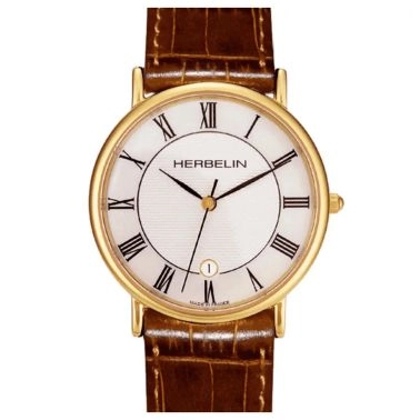 Montre Michel Herbelin Classiques quartz acier PVD or jaune cadran blanc bracelet cuir marron 38 mm