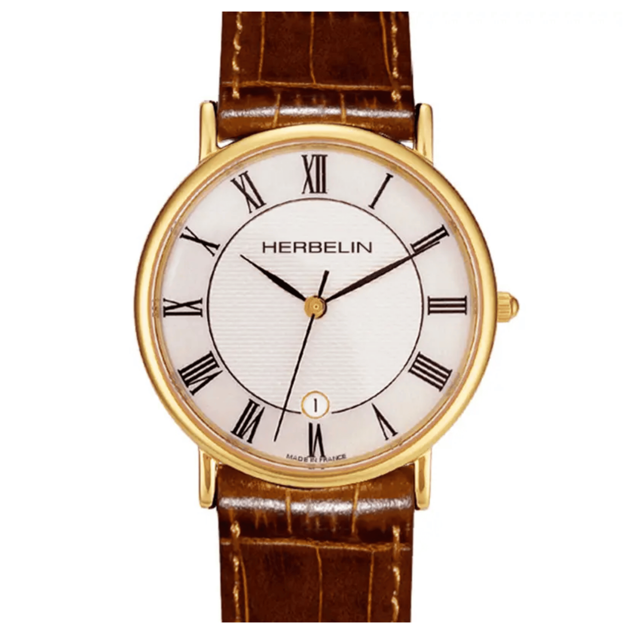 Montre Michel Herbelin Classiques quartz acier PVD or jaune cadran blanc bracelet cuir marron 38 mm