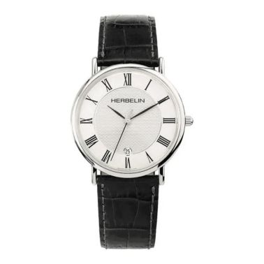 Montre Michel Herbelin Classiques quartz cadran blanc bracelet cuir gris 38 mm