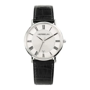 Montre Michel Herbelin Classiques quartz cadran blanc bracelet cuir gris 38 mm