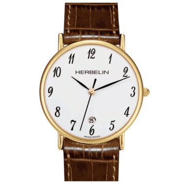Montre Michel Herbelin Classiques quartz acier PVD or jaune cadran blanc chiffres arabes bracelet cuir brun 34 mm