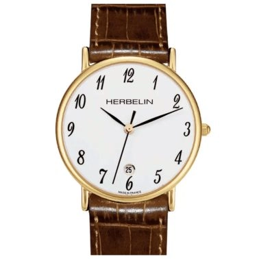 Montre Michel Herbelin Classiques quartz acier PVD or jaune cadran blanc chiffres arabes bracelet cuir brun 34 mm