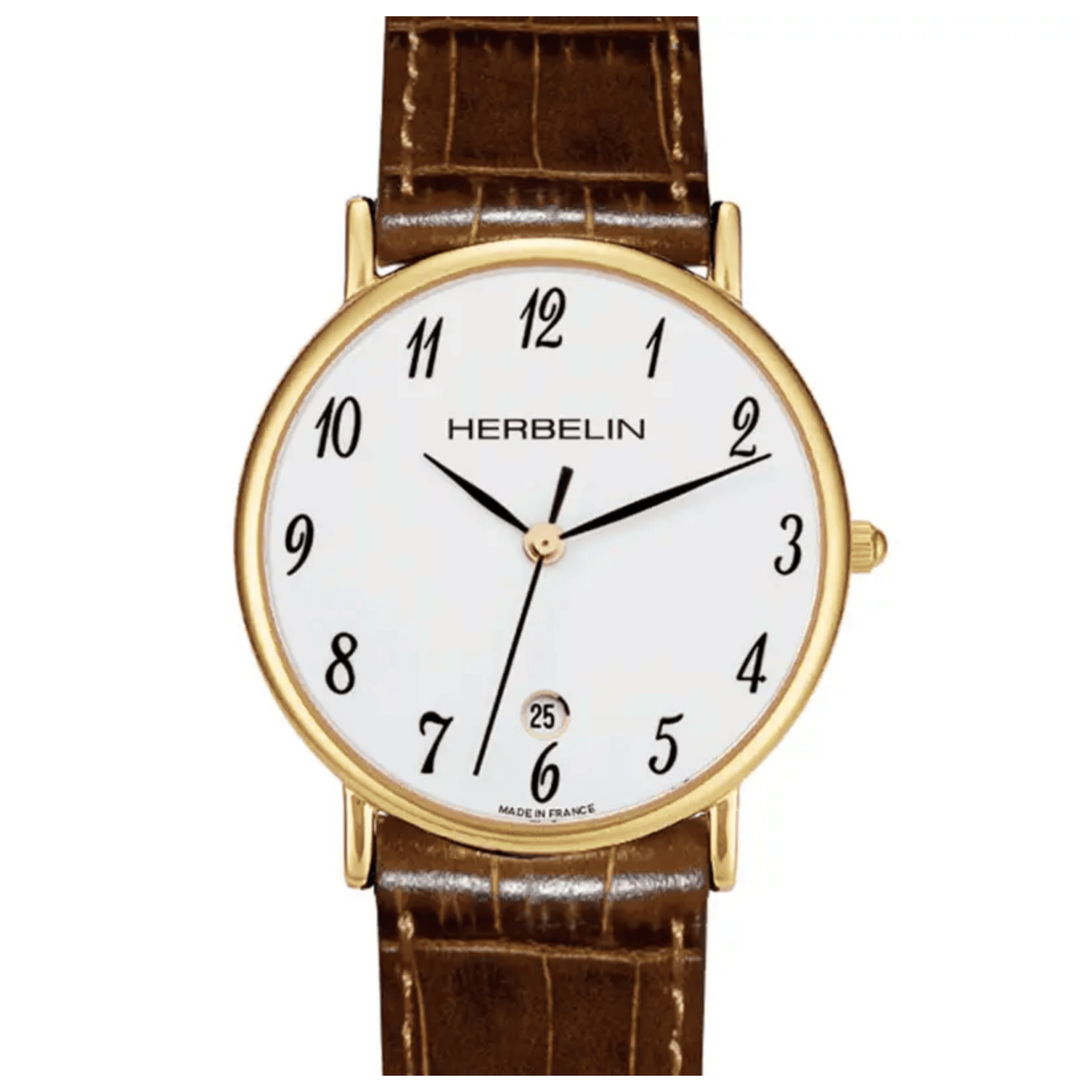 Montre Michel Herbelin Classiques quartz acier PVD or jaune cadran blanc chiffres arabes bracelet cuir brun 34 mm