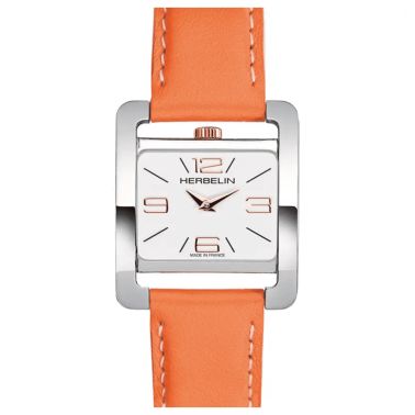Montre Michel Herbelin 5ème Avenue quartz cadran blanc chiffres arabes bracelet cuir orange